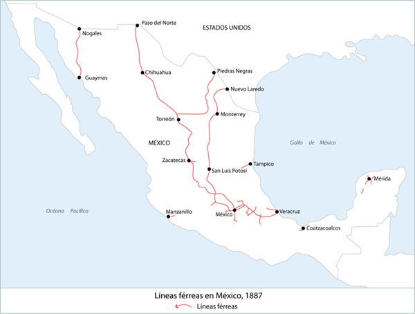 Mapa Líneas ferreas en México 1887